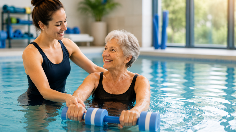 Aquatic physiotherapy session with a physiotherapist assisting an older adult during hydrotherapy exercises in a warm indoor pool.
