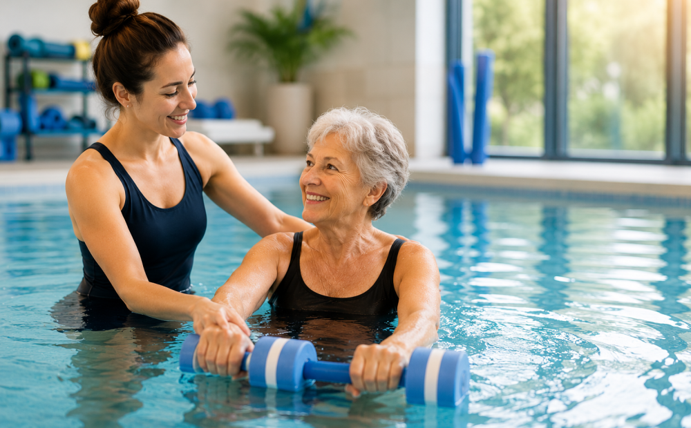 Aquatic physiotherapy session with a physiotherapist assisting an older adult during hydrotherapy exercises in a warm indoor pool.