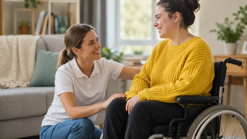 a physio talking to a woman sitting in the wheelchair