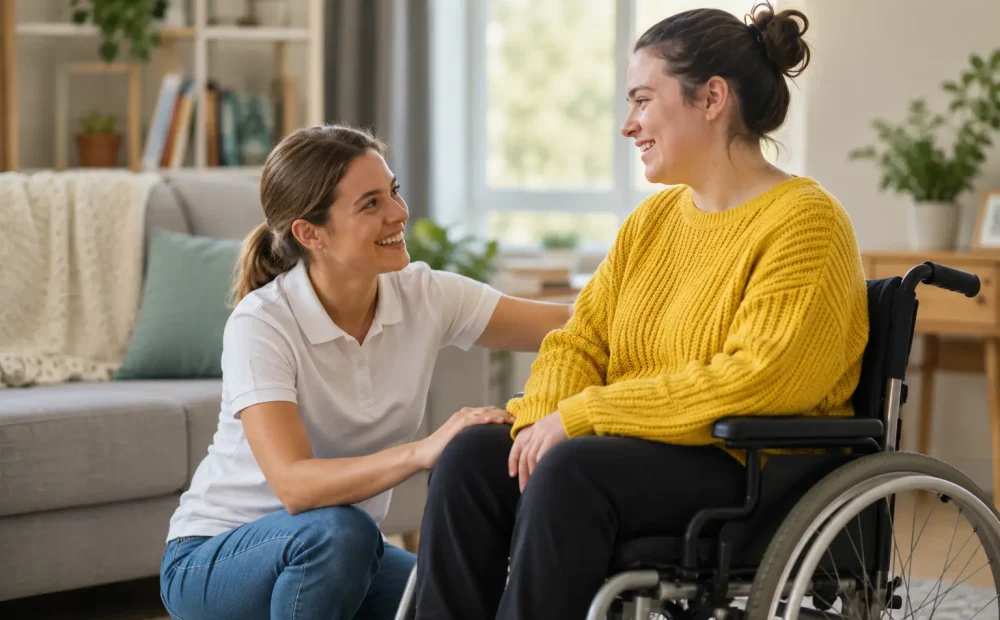 a physio talking to a woman sitting in the wheelchair