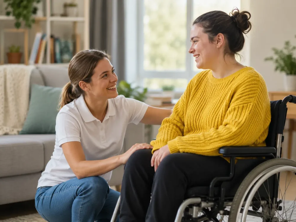 a physio talking to a woman sitting in the wheelchair